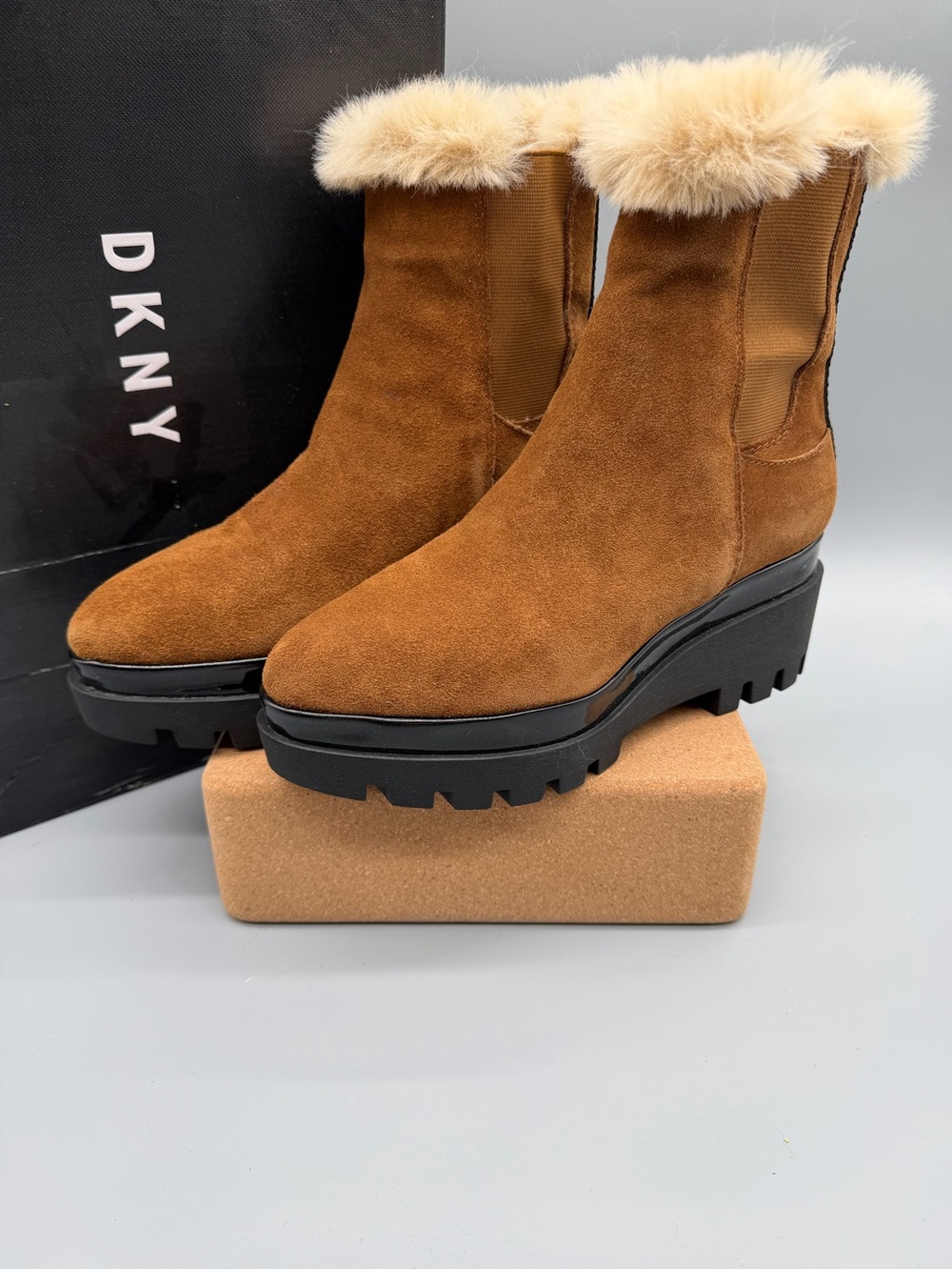 Women’s US 7 DKNY Bax Wedge Bootie Latte Suede NEW